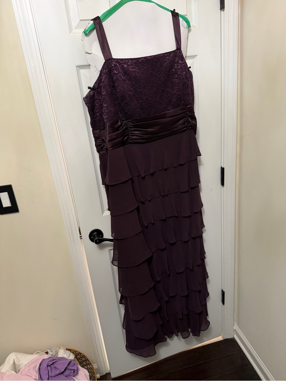 R&M Richards Plum Tiered Lace Chiffon Maxi Dress with Satin Waist